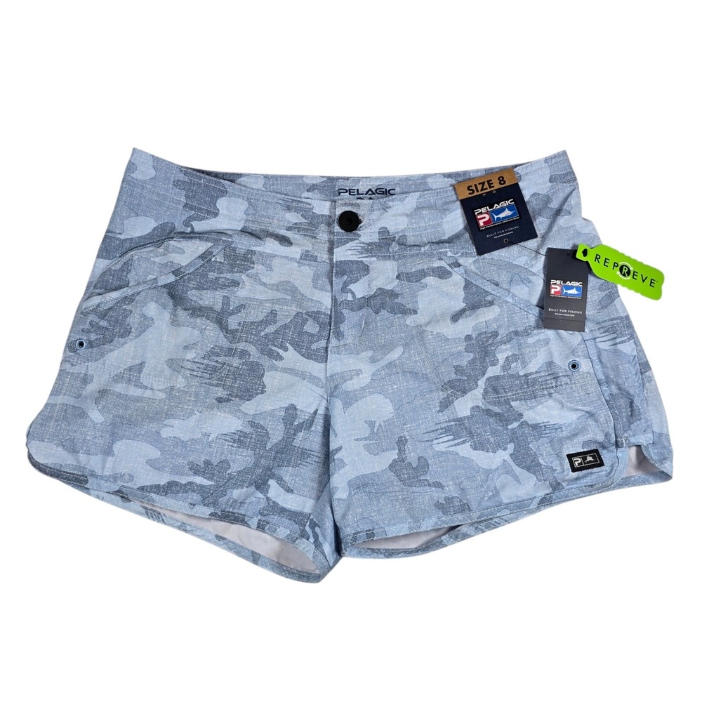 Pelagic Moana Blue/Gray Fish Camo Fishing Beach Hybrid Shorts Women's Size 8 NWT